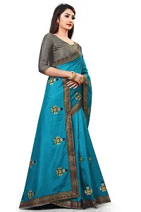 TEREZA Women's Saree Vichitra Silk Materials with Embroidery Chain Work Lace Border sari For Girls |Unstitched Blouse (Firozi)-thumb3