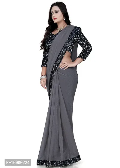 TEREZA Women's Saree Shimmer Lycra Materials with Sequince Lace Work Lace Border sari For Girls |Unstitched Blouse (Grey)-thumb3