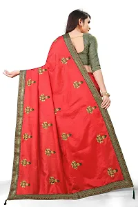 TEREZA Women's Saree Vichitra Silk Materials with Embroidery Chain Work Lace Border sari For Girls |Unstitched Blouse (Red)-thumb1