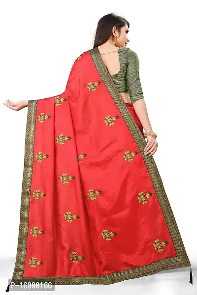 TEREZA Women's Saree Vichitra Silk Materials with Embroidery Chain Work Lace Border sari For Girls |Unstitched Blouse (Red)-thumb2