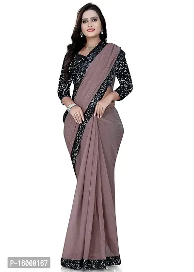 TEREZA Women's Saree Shimmer Lycra Materials with Sequince Lace Work Lace Border sari For Girls |Unstitched Blouse (Maroon)-thumb0