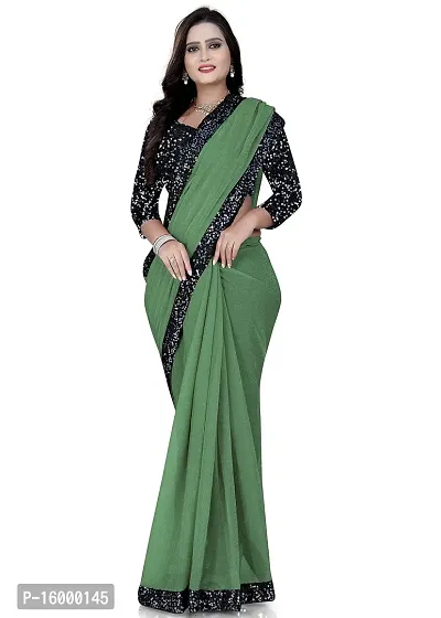 TEREZA Women's Saree Shimmer Lycra Materials with Sequince Lace Work Lace Border sari For Girls |Unstitched Blouse (Green)