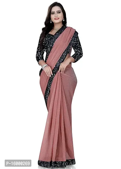 TEREZA Women's Saree Shimmer Lycra Materials with Sequince Lace Work Lace Border sari For Girls |Unstitched Blouse (Gajari)