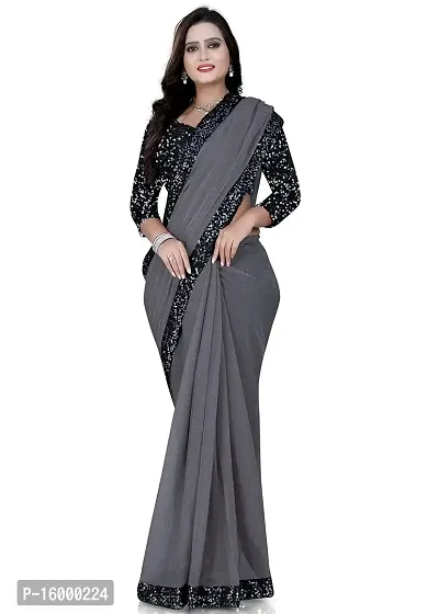 TEREZA Women's Saree Shimmer Lycra Materials with Sequince Lace Work Lace Border sari For Girls |Unstitched Blouse (Grey)-thumb0