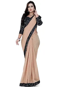 TEREZA Women's Saree Shimmer Lycra Materials with Sequince Lace Work Lace Border sari For Girls |Unstitched Blouse (Cream)-thumb3