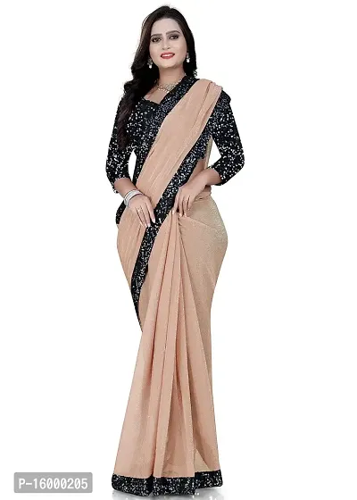 TEREZA Women's Saree Shimmer Lycra Materials with Sequince Lace Work Lace Border sari For Girls |Unstitched Blouse (Cream)-thumb0