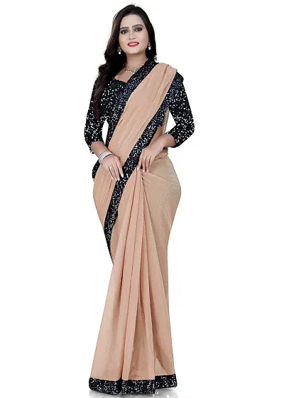 TEREZA Women's Saree Shimmer Lycra Materials with Sequince Lace Work Lace Border sari For Girls |Unstitched Blouse (Pink)