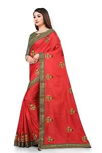 TEREZA Women's Saree Vichitra Silk Materials with Embroidery Chain Work Lace Border sari For Girls |Unstitched Blouse (Red)-thumb3