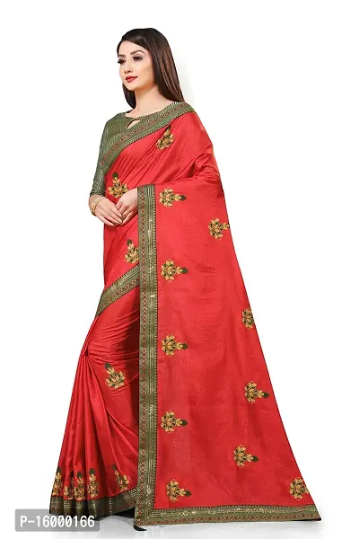 TEREZA Women's Saree Vichitra Silk Materials with Embroidery Chain Work Lace Border sari For Girls |Unstitched Blouse (Red)-thumb4