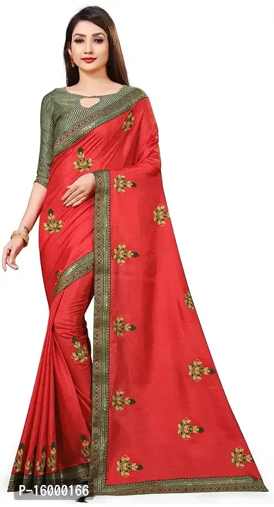 TEREZA Women's Saree Vichitra Silk Materials with Embroidery Chain Work Lace Border sari For Girls |Unstitched Blouse (Red)-thumb0