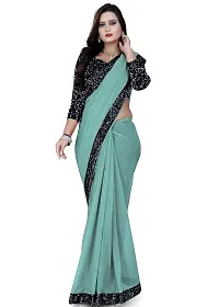 TEREZA Women's Saree Shimmer Lycra Materials with Sequince Lace Work Lace Border sari For Girls |Unstitched Blouse (Firozi)-thumb3