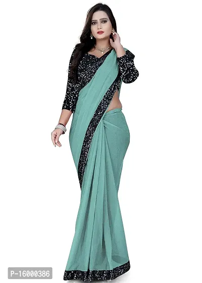 TEREZA Women's Saree Shimmer Lycra Materials with Sequince Lace Work Lace Border sari For Girls |Unstitched Blouse (Firozi)-thumb4