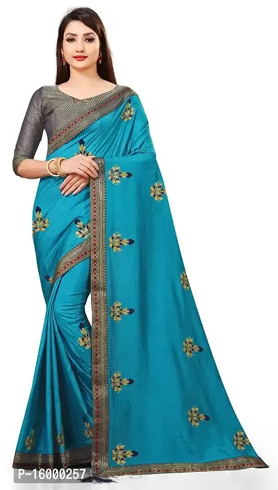 TEREZA Women's Saree Vichitra Silk Materials with Embroidery Chain Work Lace Border sari For Girls |Unstitched Blouse (Firozi)