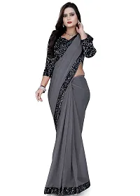 TEREZA Women's Saree Shimmer Lycra Materials with Sequince Lace Work Lace Border sari For Girls |Unstitched Blouse (Grey)-thumb3