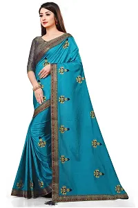 TEREZA Women's Saree Vichitra Silk Materials with Embroidery Chain Work Lace Border sari For Girls |Unstitched Blouse (Firozi)-thumb1