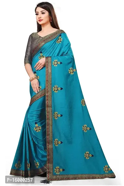 TEREZA Women's Saree Vichitra Silk Materials with Embroidery Chain Work Lace Border sari For Girls |Unstitched Blouse (Firozi)-thumb2