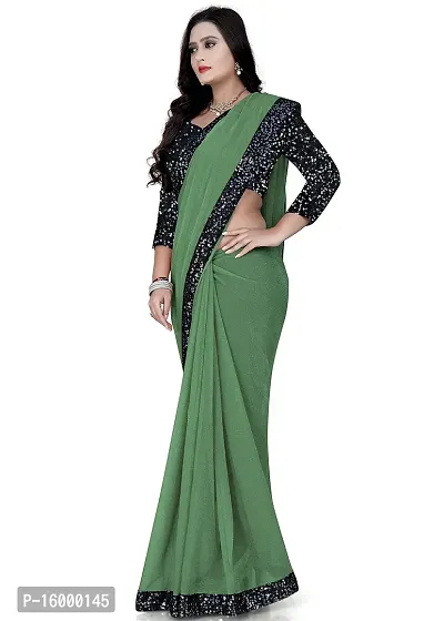 TEREZA Women's Saree Shimmer Lycra Materials with Sequince Lace Work Lace Border sari For Girls |Unstitched Blouse (Green)-thumb3