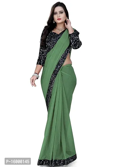 TEREZA Women's Saree Shimmer Lycra Materials with Sequince Lace Work Lace Border sari For Girls |Unstitched Blouse (Green)-thumb4