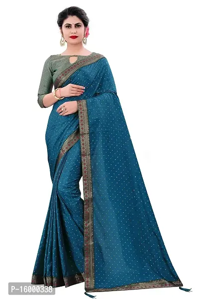 TEREZA Women's Saree Dola Silk Materials with Lace Border sari For Girls |Unstitched Blouse (Rama)-thumb0