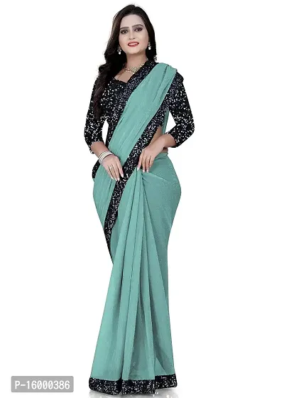 TEREZA Women's Saree Shimmer Lycra Materials with Sequince Lace Work Lace Border sari For Girls |Unstitched Blouse (Firozi)