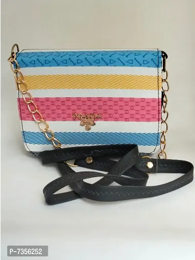 Latest and Trendy Best Quality Multicolor Strip Pattern Box Shaped Sling Bag For Women and Girls-thumb0