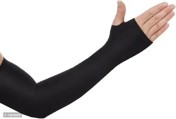 Pair Black Full Arm Sleeves Gloves with Thumb Hole. UV, Dust  Sun Protective Full Hand Cotton Gloves for Men and Women-thumb2