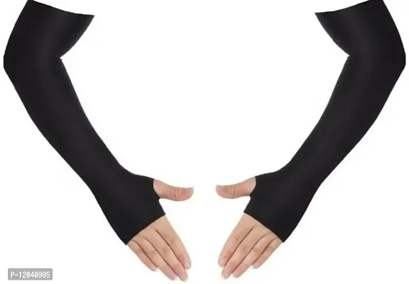Pair Black Full Arm Sleeves Gloves with Thumb Hole. UV, Dust  Sun Protective Full Hand Cotton Gloves for Men and Women-thumb0