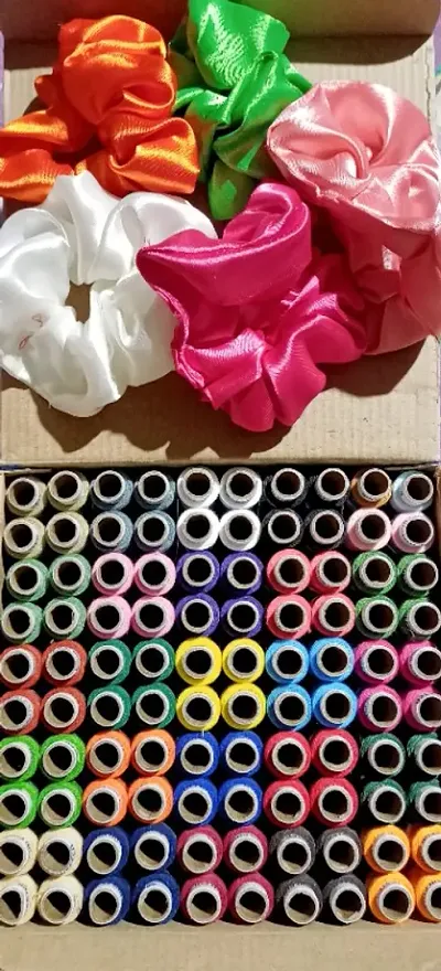 Threads 100%Spun Polyester Sewing Thread 100 Tubes 150 Meters Thread With 5 silk scrunchises ( Pack of100 spools  5 Scrunchises).