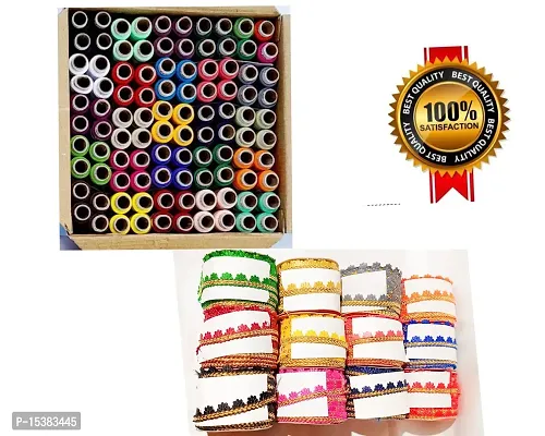 100% poleyster Thread mix Multicolour  Thread with 100 spools 24 shades in 4 spools with 150mt.  12 Multicolor  12mtr  Flower Lace . ( 1-1 mtr every  bundle)