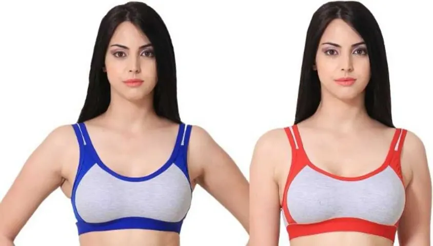 Women Sports Non Padded Bra (Blue, Red)