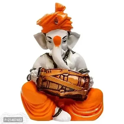 Classic Polyresine Orange and White Ganesha Playing Dholak