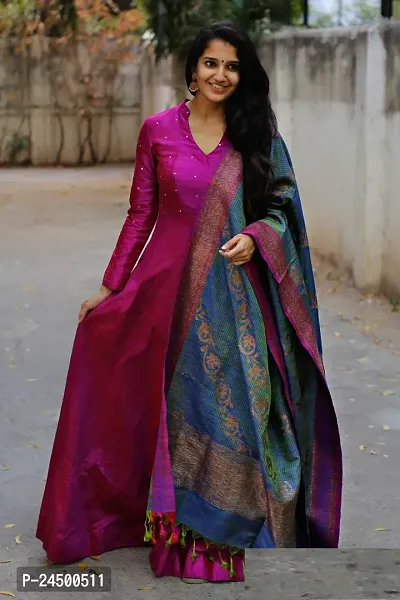 Stylish Embroidered Taffeta Silk Gown With Dupatta-thumb0