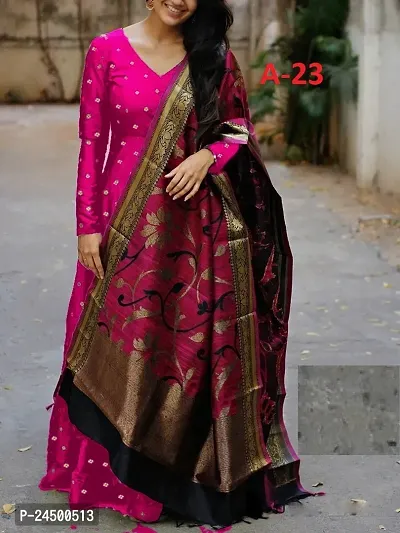 Stylish Embroidered Taffeta Silk Gown With Dupatta-thumb0