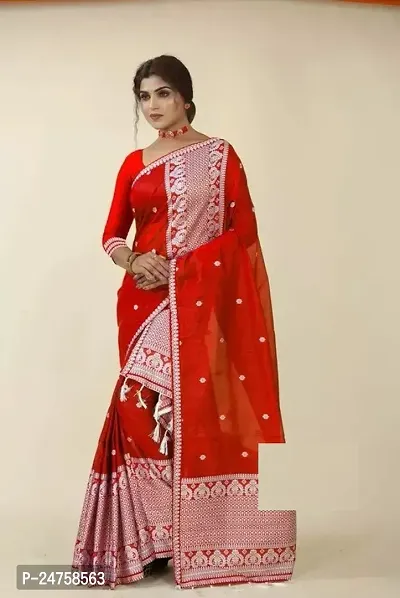 Stylish Cotton Red Saree With Blouse Piece