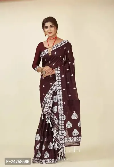 Stylish Cotton Brown Saree With Blouse Piece