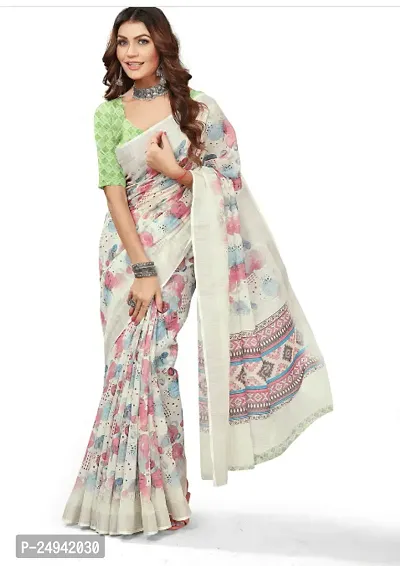 Stylish Linen Cotton Green Printed Saree with Blouse Piece-thumb0