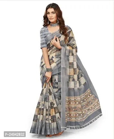 Stylish Linen Cotton Grey Printed Saree with Blouse Piece-thumb0