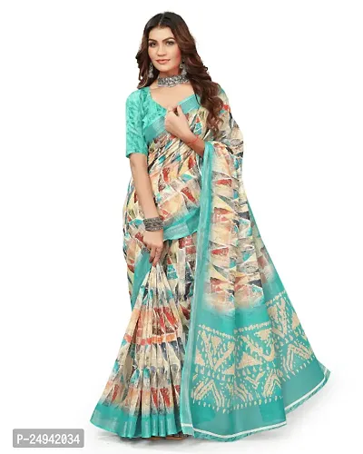 Stylish Linen Cotton Multicoloured Printed Saree with Blouse Piece