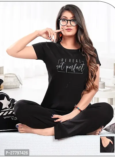Elegant Black Cotton Hosiery Printed Tshirt With Pyjama For Women