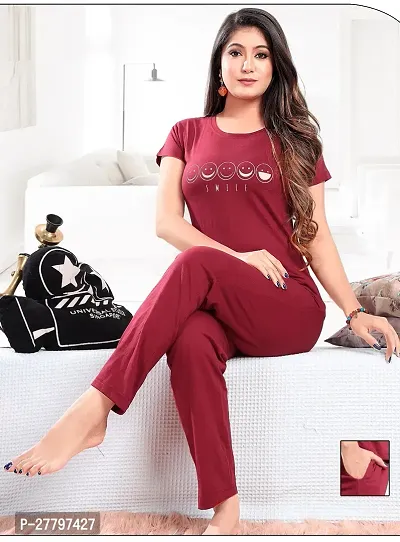 Elegant Maroon Cotton Hosiery Printed Tshirt With Pyjama For Women