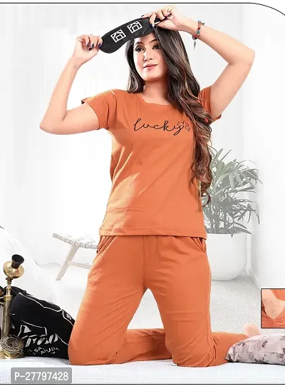 Elegant Orange Cotton Hosiery Printed Tshirt With Pyjama For Women