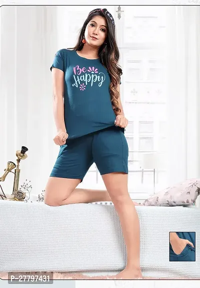 Elegant Blue Cotton Hosiery Printed Tshirt with Shorts For Women-thumb0