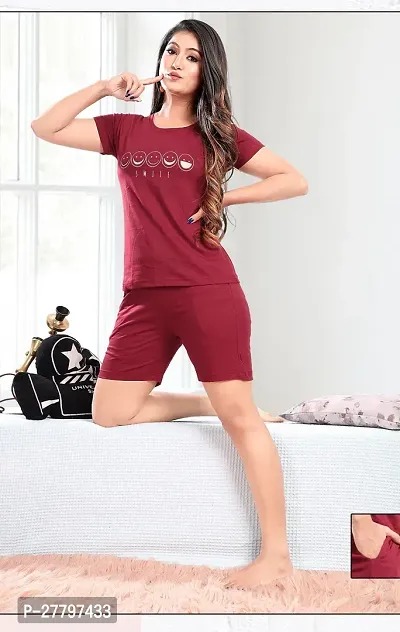 Elegant Maroon Cotton Hosiery Printed Tshirt with Shorts For Women