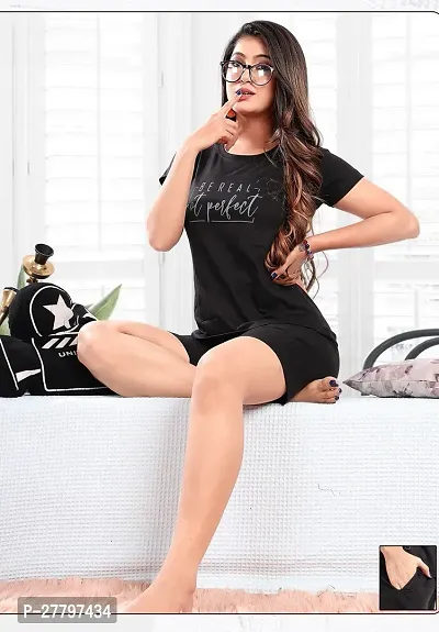 Elegant Black Cotton Hosiery Printed Tshirt with Shorts For Women