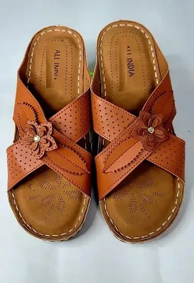 Elegant Tan Leather Self Design Sandal For Women