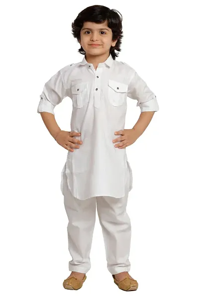 Stylish White Satin Solid Pathani For Boys