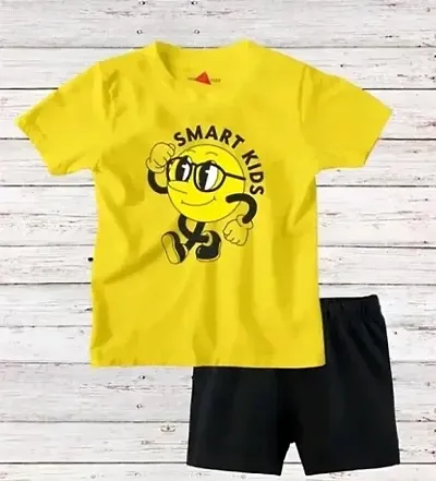 Trendy Yellow Cotton Blend Printed T-Shirts With Shorts For Kids