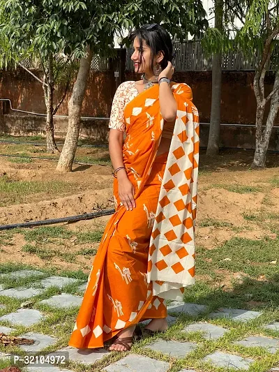 Classic Orange Cotton Printed Saree With Blouse Piece For Women-thumb2