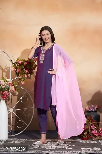 Stylish Purple Art Silk Embroidered Kurta Bottom and Dupatta Set For Women-thumb2