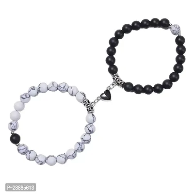 Shree Jutrade; Exclusive Trendy and Stylish Black  White Magnetic Heart Couple Bracelets Beaded Stone Onyx Stretchable Wrist Band Gift Jewellery For Men Women Unisex-thumb0